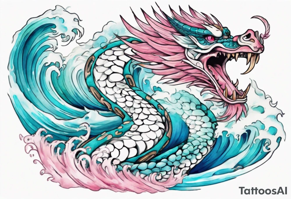 a turquoise and white and pink feathered serpent with beautiful eyes emerging from the blue waves of the ocean tattoo idea