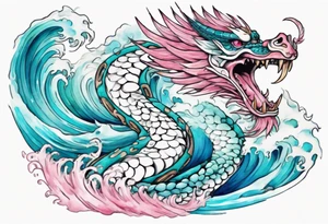 a turquoise and white and pink feathered serpent with beautiful eyes emerging from the blue waves of the ocean tattoo idea