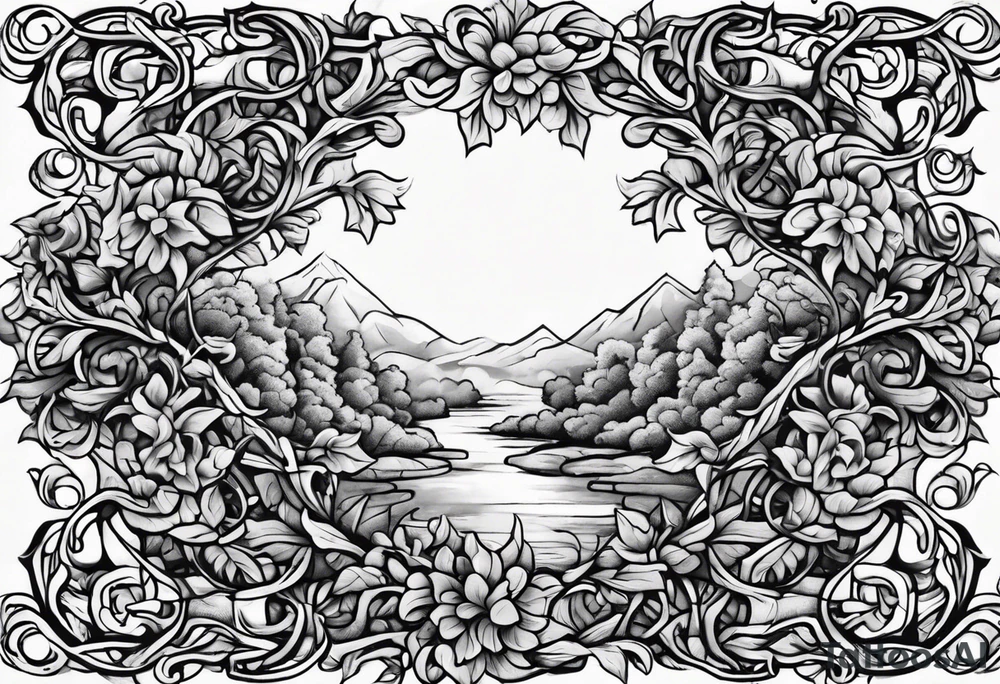 stone road leafy vines tattoo idea