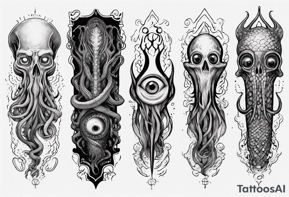 lovecraft long tattoo to put on the forearm, with eye and tentacle tattoo idea