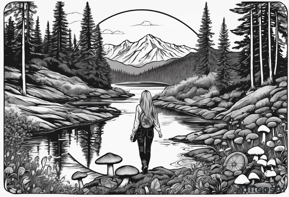 Whole picture encircled fully

Straight long blonde hair hippie girl in distance holding mushrooms in hand facing away toward mountains and creek surrounded by mushrooms long sleeve shirt and hiking pants; whole rendering within a full circle, no cut off circle tattoo idea