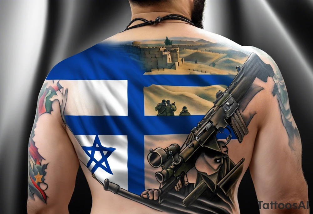 create a half-sleeve tattoo with the theme of israel, the israel flag,  with a soldier and Chasidic jew praying at the wailing wall, jets, with an outline of the country of israel creating a border around all images (some of the jets and tanks may break the border to give them a 3d look). Again, this is a half-seleeve tattoo without images bleeding onto the back or torso.  Shoulder to elbow tattoo. tattoo idea
