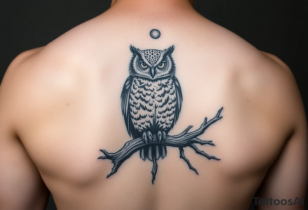wise owl perched on ancient oak branch under starlit sky tattoo idea