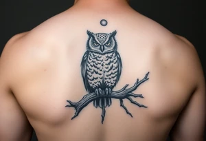 wise owl perched on ancient oak branch under starlit sky tattoo idea