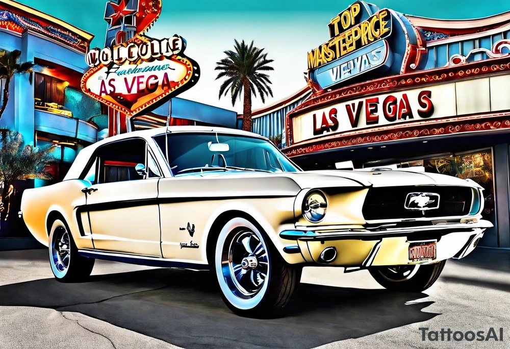 Las Vegas sign, Elvis, Ford Mustang in a border tattoo idea