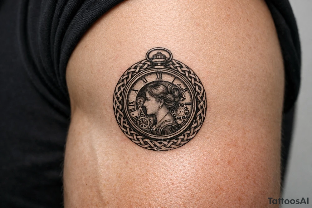 Victorian pocket watch, Margo's profile, intricate clockwork, woven knot border. tattoo idea