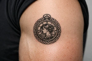 Victorian pocket watch, Margo's profile, intricate clockwork, woven knot border. tattoo idea