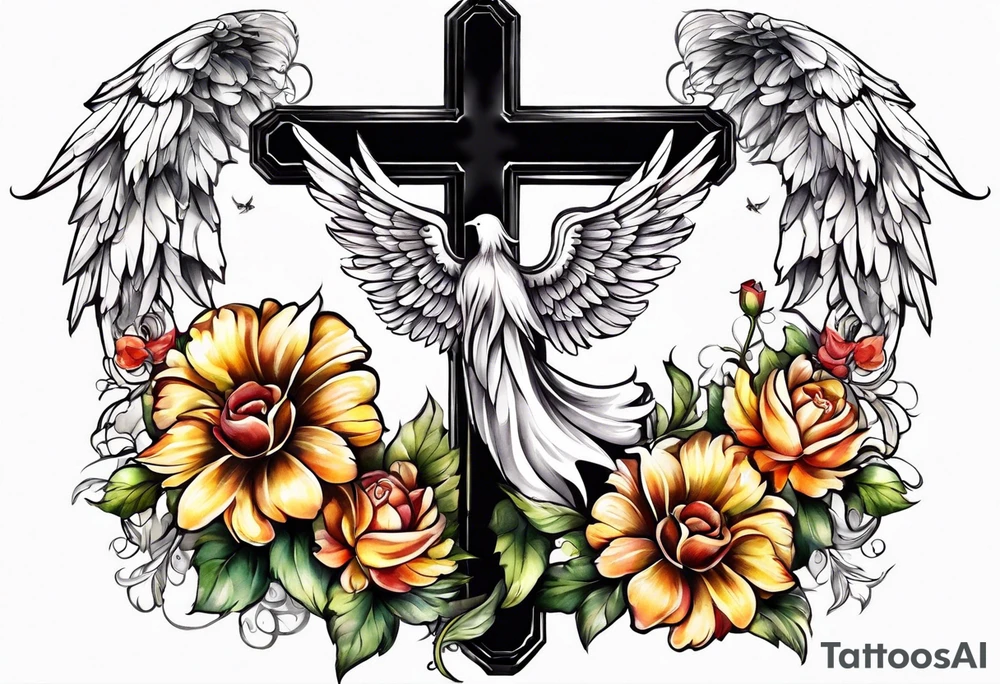 Flowers around a cross with angel wings tattoo idea
