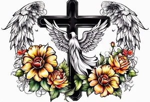 Flowers around a cross with angel wings tattoo idea