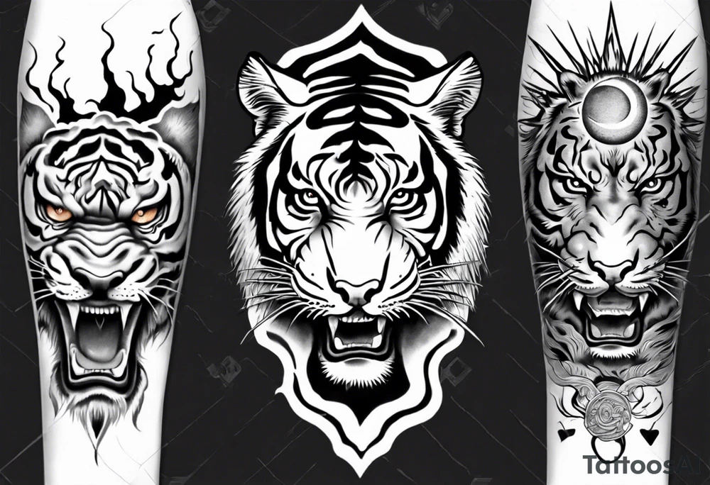 Tiger sleeve tattoo with lightning and the sun tattoo idea