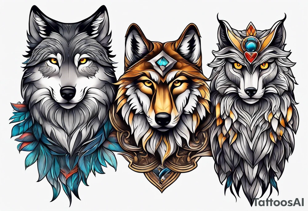 A Wolf as a father, an owl as the son and a lioness as the daughter. tattoo idea