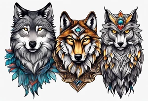A Wolf as a father, an owl as the son and a lioness as the daughter. tattoo idea
