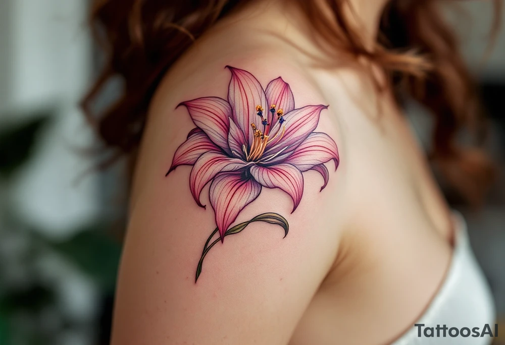 Lilie flower with "Kristýna – 5.4.2014 v 12:00" elegantly curved around its stem in rose gold ink. tattoo idea