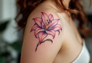 Lilie flower with "Kristýna – 5.4.2014 v 12:00" elegantly curved around its stem in rose gold ink. tattoo idea