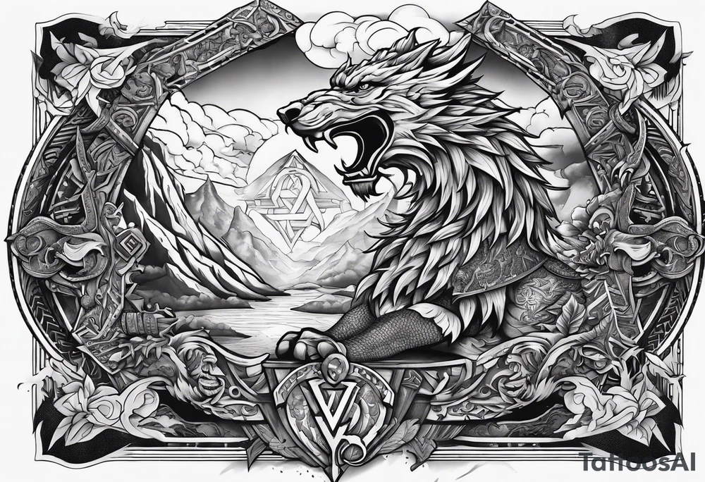 Valhalla sword shield  axe  dragon lion
Valknut  ruins lightnings tattoo idea