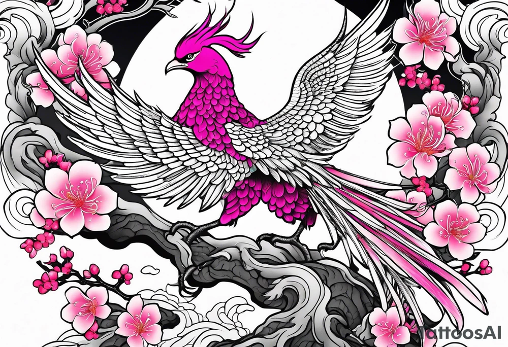 traditional Japanese phoenix and pink cherry blossoms blank background no clipped edges tattoo idea
