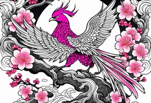 traditional Japanese phoenix and pink cherry blossoms blank background no clipped edges tattoo idea