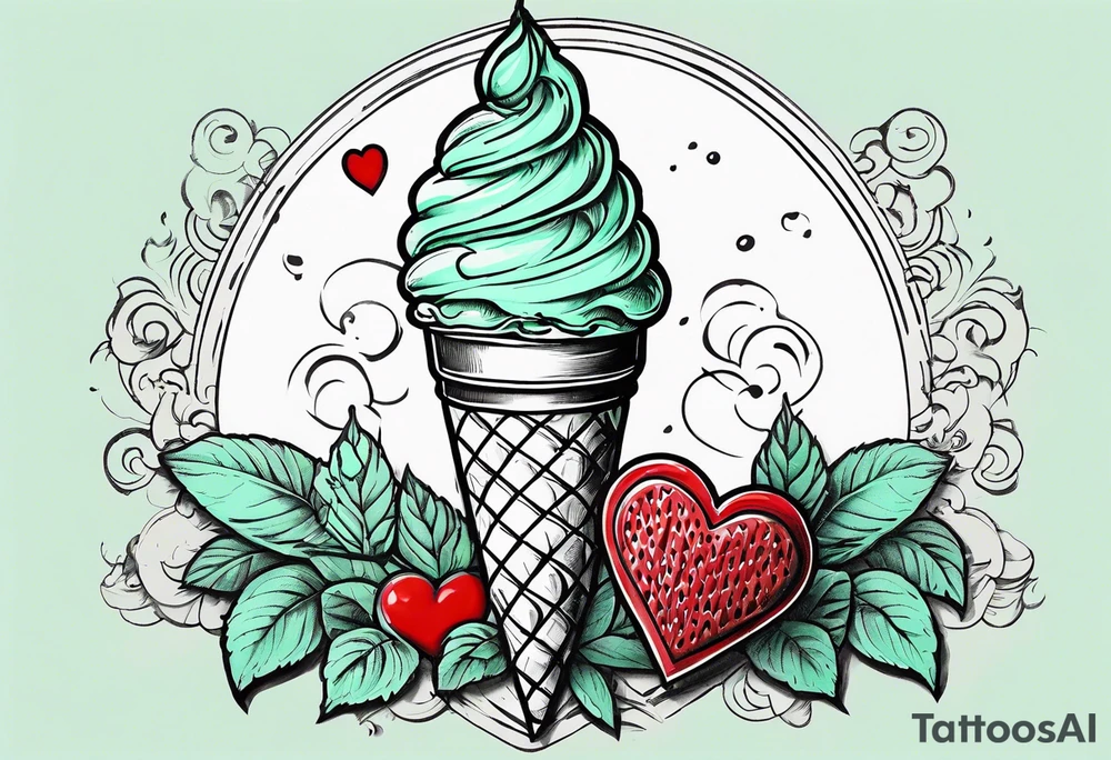 simple mint chocolate chip ice cream cone with small red heart on it somewhere. tattoo idea