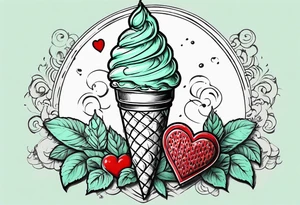 simple mint chocolate chip ice cream cone with small red heart on it somewhere. tattoo idea