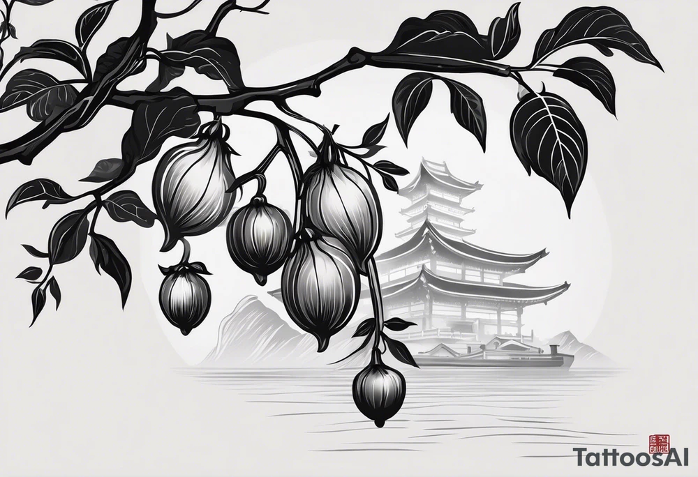 Elements: the north needle in the center, outside the north needle are several branches and leaves of the eggplant tree, and the outermost edge is a long wavy line
Location: Behind the upper arm of the left hand, about 6*20 cm from the elbow to the shoulder tattoo idea