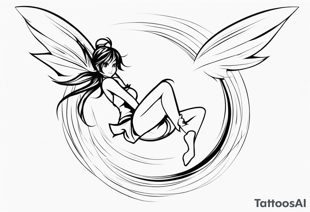 No color fairy with a tail inspired by the logo of the anime show called Fairy Tail in a fetal position leaning in and forward in the air flying tattoo idea