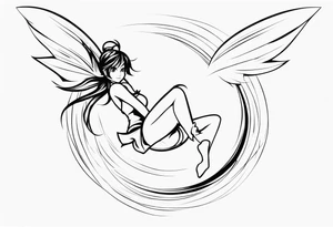No color fairy with a tail inspired by the logo of the anime show called Fairy Tail in a fetal position leaning in and forward in the air flying tattoo idea