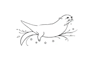 outline of a gracefully swimming otter over flourish lines and stars tattoo idea