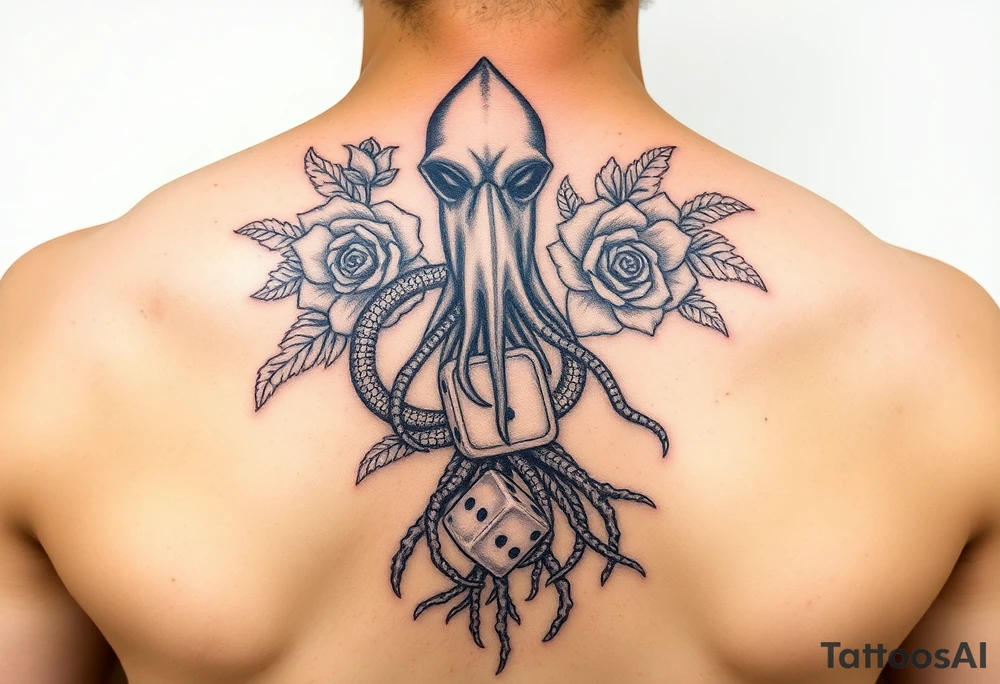 squid, knight intertwined with roses and tree roots rolling dice tattoo idea