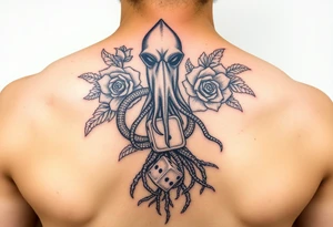 squid, knight intertwined with roses and tree roots rolling dice tattoo idea