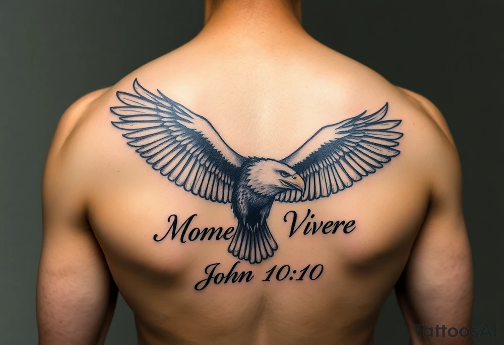 realistic eagle in flight, the words Momento Vivere and John 10:10 tattoo idea