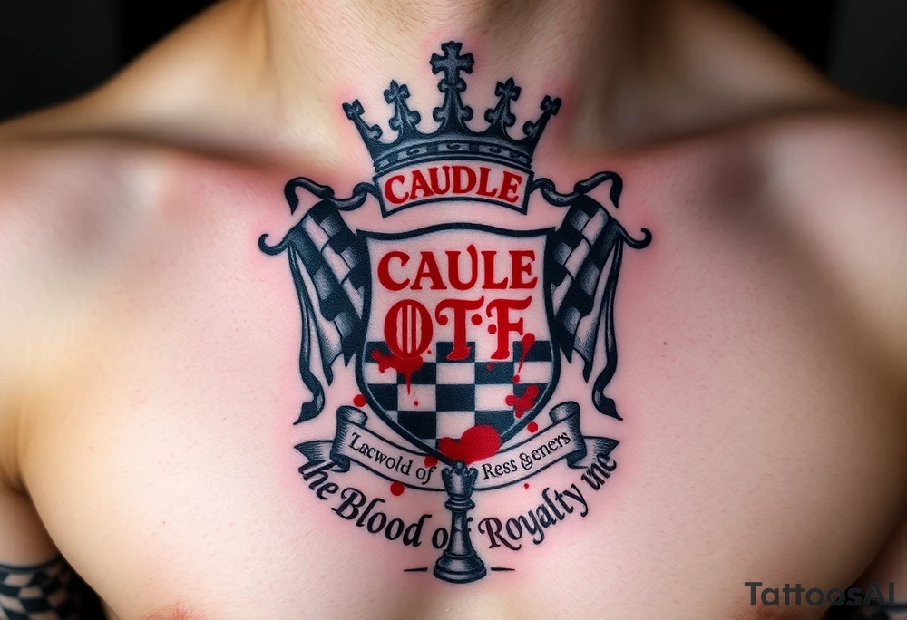 Men Crest  with A king crown on top, CAUDLE written inside red, a chessboard, blood splatter on top of two red racing flags & OTF inside, Smoke surrounding the outside of the crest, & The Words The Blood Of Royalty in red underneath the crest & a King chess piece surrounding the outside of the crest tattoo idea
