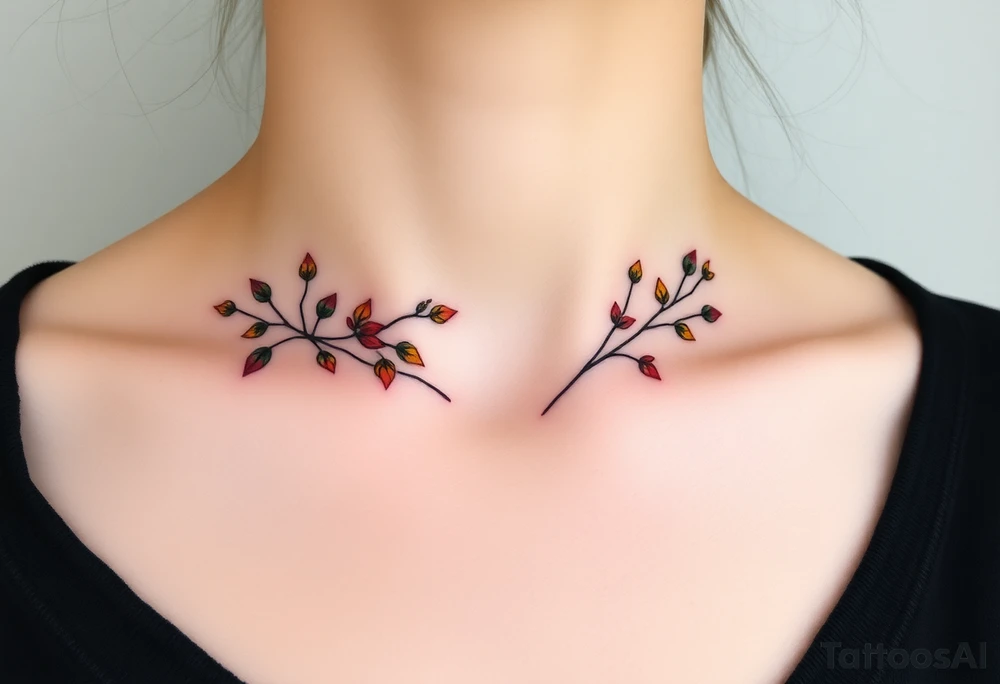 Two separate collarbone tattoos of long, stems and branches covered with red, orange, yellow and dark forest green leaves and flowers, fall themed, muted, delicate and gentle but moody, long and thin, following the collarbone. tattoo idea