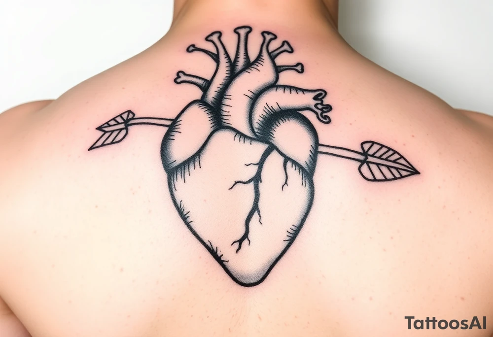 anatomical heart pierced by ornate arrow with representation of surviving addiction tattoo idea