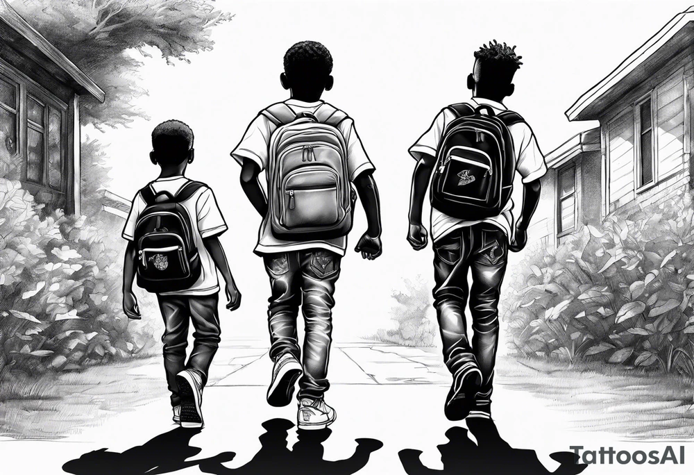 full bodies of 3 black school age boys walking away together and one is looking to the side at the one in the middle tattoo idea