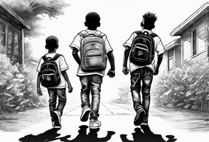 full bodies of 3 black school age boys walking away together and one is looking to the side at the one in the middle tattoo idea