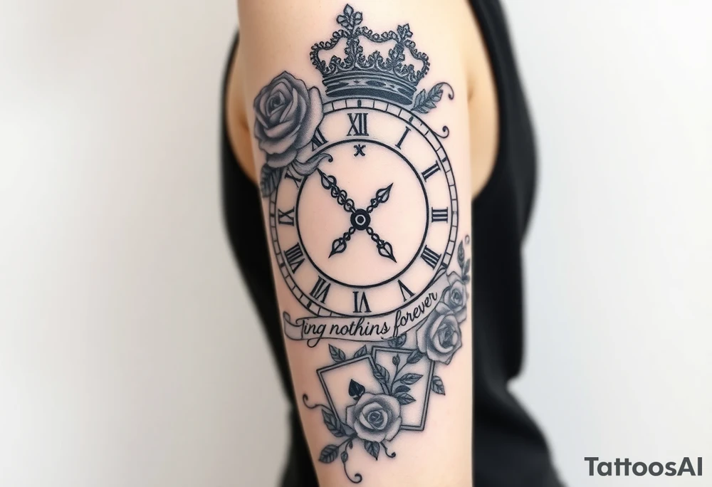 Roman clock with roses and a crown,  a quote that says nothings forever. and on the bottom a deck of cards tattoo idea