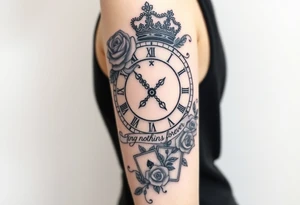 Roman clock with roses and a crown,  a quote that says nothings forever. and on the bottom a deck of cards tattoo idea
