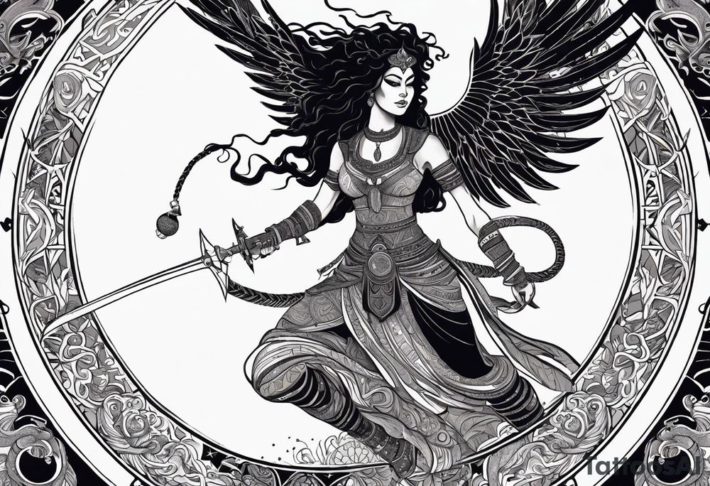 black kali, goddess pirate, alien, angel, pachamama, valkrye, warrior, flying, skull, lotus azul, wing, eagle, zenza resonance, stars, 5D, anahata chakra, death, durga, riding on a tiger, flying lady tattoo idea