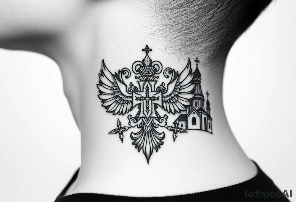 russian coat arms in a russian christian orthodox cross with the cross in the middle with a virgin mary & orthodox dome church on the side of the neck tattoo idea