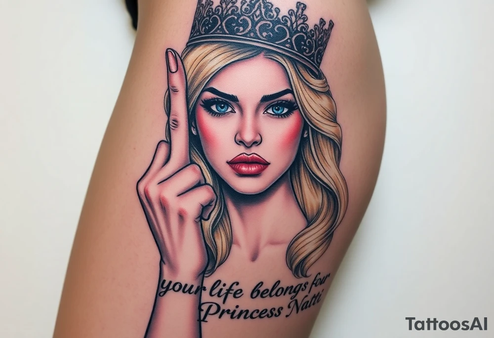 powerful blond findomme princess with crown on, holding up her middle finger with look of disgust on her face being pathetic with caption “your life belongs to Princess Natti” tattoo idea