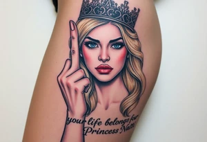 powerful blond findomme princess with crown on, holding up her middle finger with look of disgust on her face being pathetic with caption “your life belongs to Princess Natti” tattoo idea