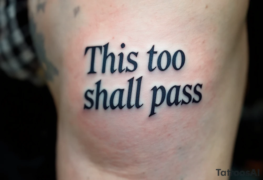 “This too shall pass” in classic serif font, fading from deep navy to pale sky blue. tattoo idea