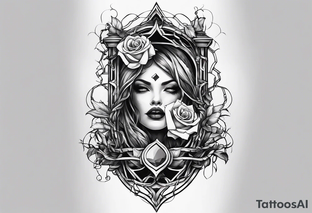 tattoo fool sleeve, old broken gothic home, broken sword, tree roots break out of the chains, roses tattoo idea