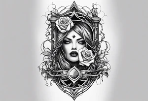 tattoo fool sleeve, old broken gothic home, broken sword, tree roots break out of the chains, roses tattoo idea