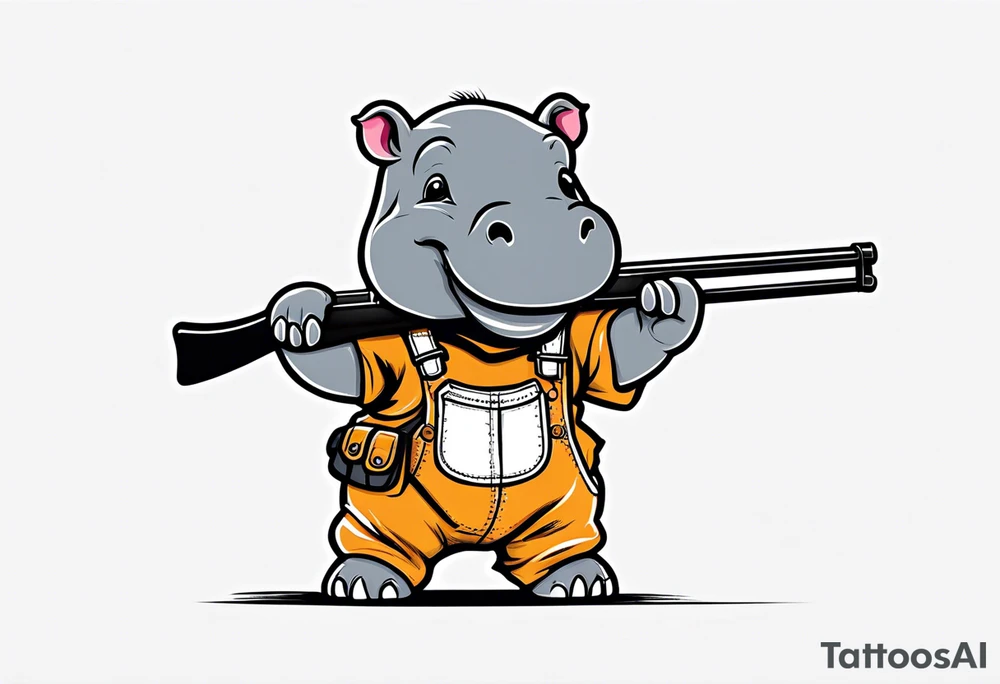 Baby hippo wearing overalls and holding a weapon tattoo idea