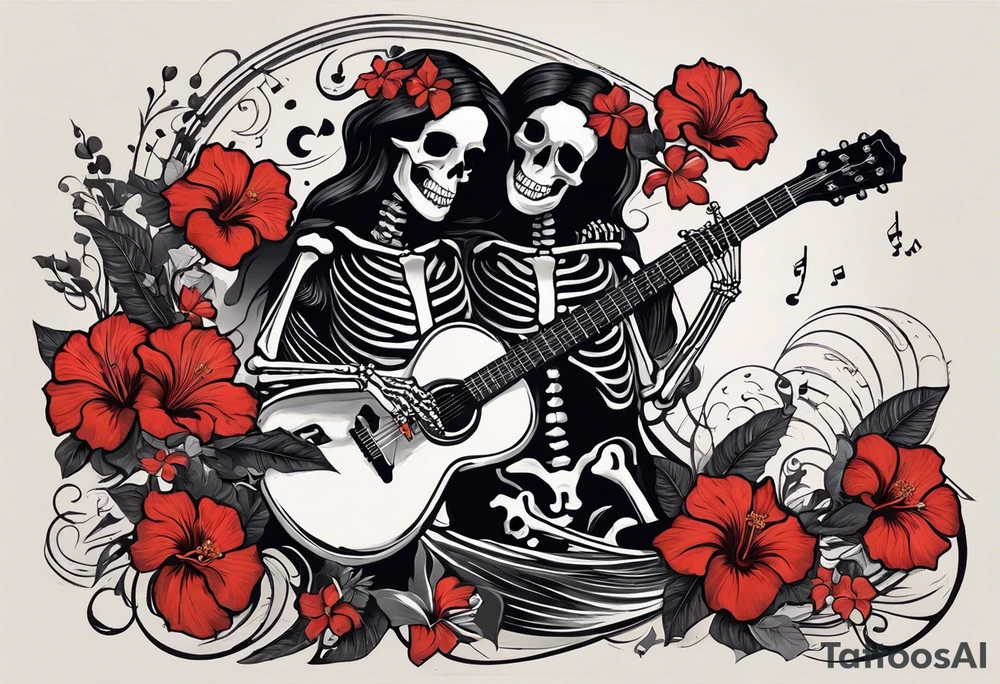 Generate a tattoo design featuring two skeletons: a female skeleton holding a hibiscus flower and a male skeleton playing a guitar. The scene should capture a moment of connection between the two, with the female skeleton attentively listening to the music played by the male skeleton. Emphasize the details of the hibiscus flower, the expressions on the skeletons' faces, and the fluidity of the music being played on the guitar. tattoo idea