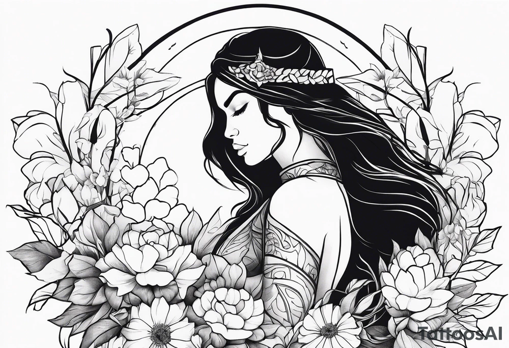 Full body Powerful sexy warrior woman wearing animal fur surrounded by flowers and vines tattoo idea