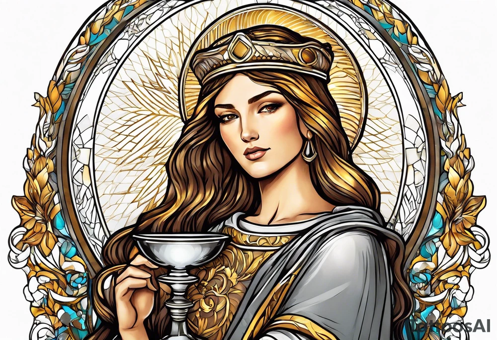 holy saint woman with golden halo holding a chalice tattoo idea