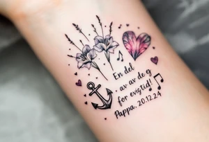 Quote in two rows; En del av deg for evig tid! Pappa, 20.12.24. Surround the quote with long gladioluses, music notes, hearts and an anchor tattoo idea