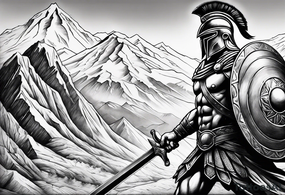 Spartan Warrior Wielding A Sword Surrounded By Mountains Tattoo Idea tattoo idea